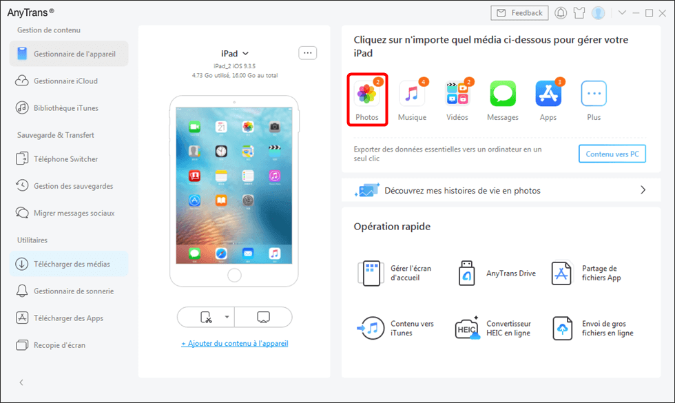 Interface principale AnyTrans gestionnaire de données iOS