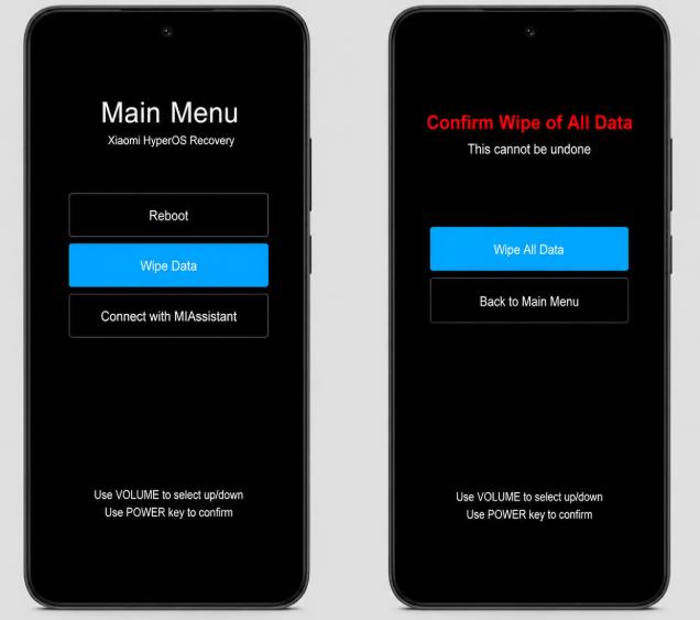 Sélectionner Wipe Data dans le mode Recovery d’un Redmi en bootloop
