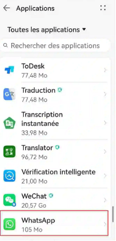 Rechercher WhatsApp dans la liste