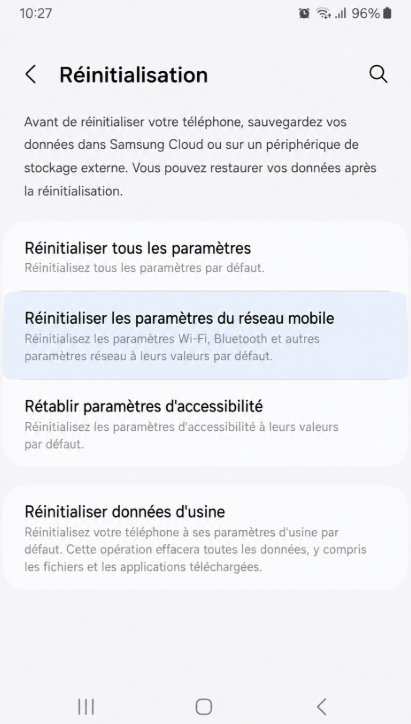Réinitialiser les paramètres du réseau mobile sur Samsung Galaxy
