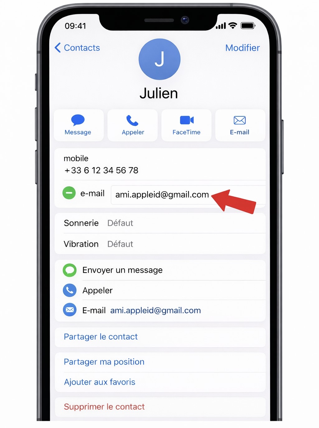Configuration d'une fiche contact pour un partage de mot de passe Wi-Fi réussi