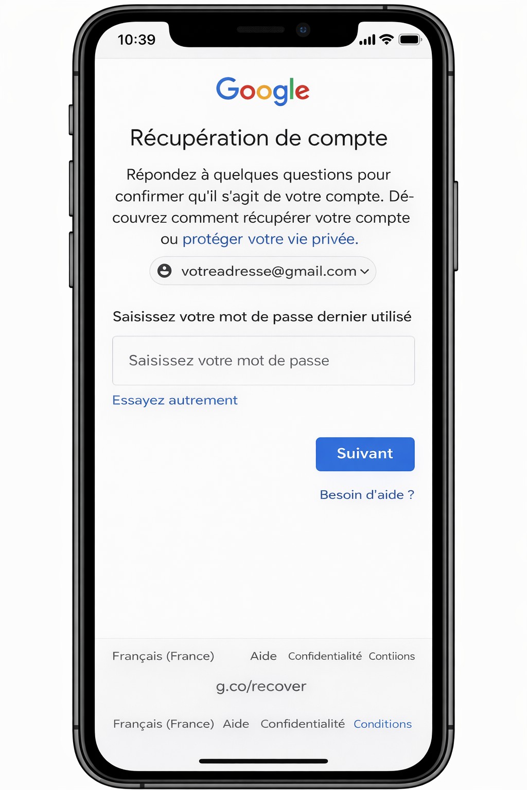 Page de récupération de mot de passe Google