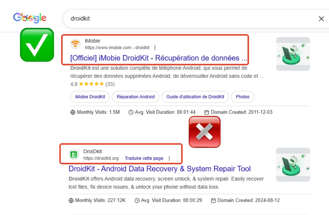 Site officiel de DroidKit vs sites clones