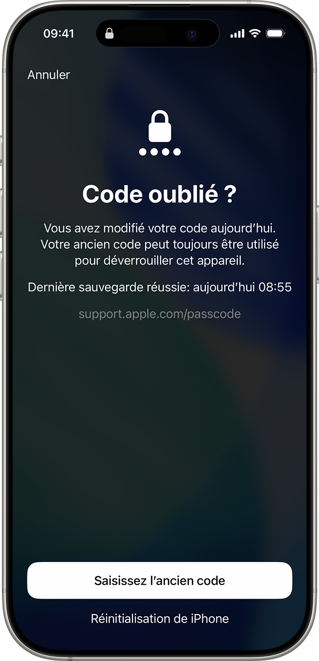 Utiliser l’ancien code depuis l’écran iPhone indisponible sous iOS 17