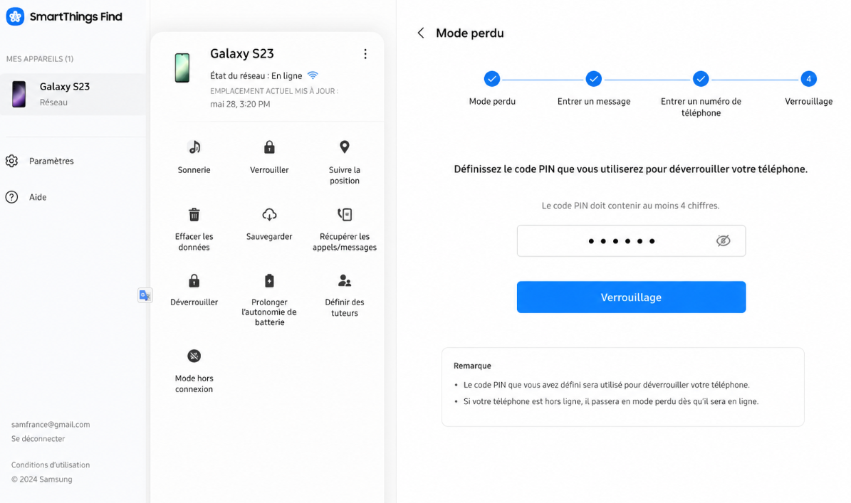 Définir un nouveau PIN avec SmartThings Find pour déverrouiller Samsung