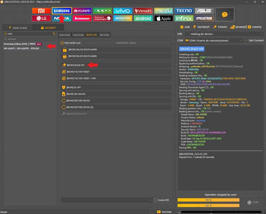 Résultat de suppression FRP avec UnlockTool sur un téléphone Samsung