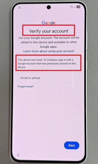 Écran de vérification du compte Google FRP après réinitialisation Android