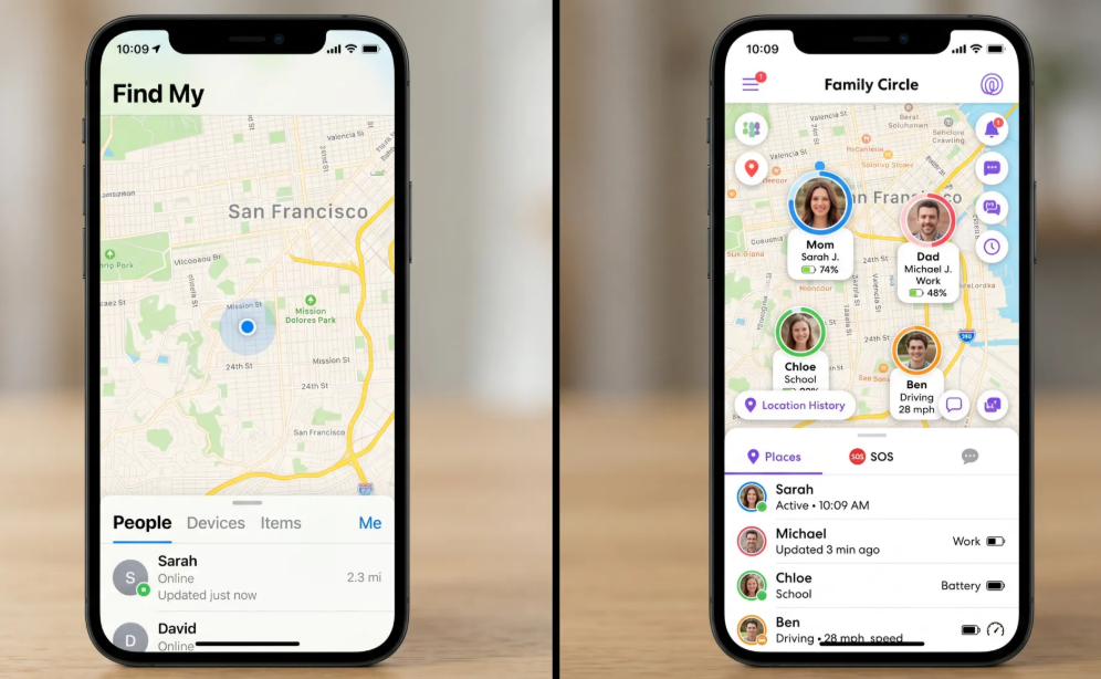 Comparaison Localiser Apple vs app de suivi familial sur carte