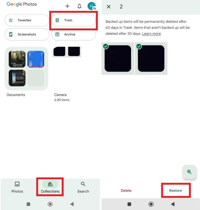 Restaurer des photos disparues depuis la corbeille Google Photos