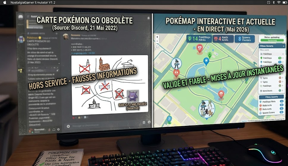 Comparaison côte à côte montrant une carte Pokémon GO obsolète