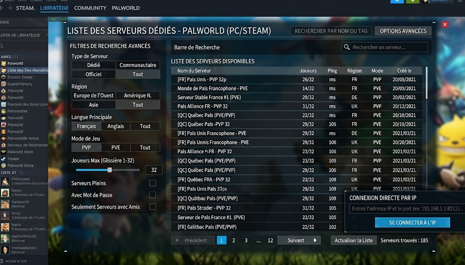 Sélection des serveurs dédiés sur la version PC Steam