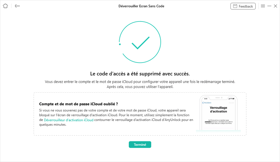 Le code d'accès à l'écran sera supprimé