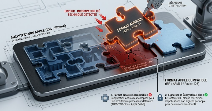 incompatibilité technique entre un format Android et l'architecture Apple.