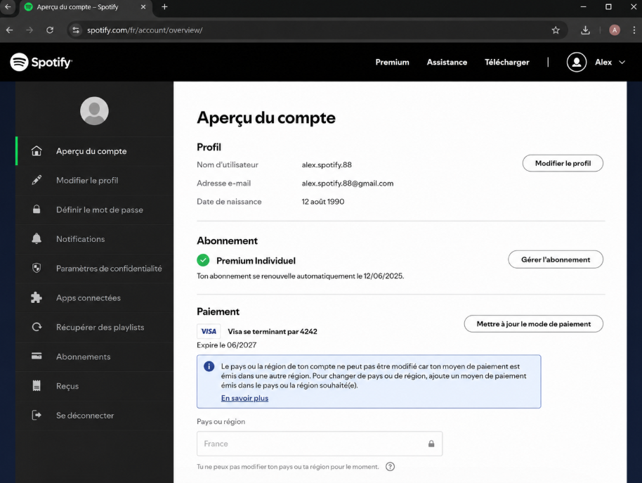 le menu pays bloqué sur Spotify