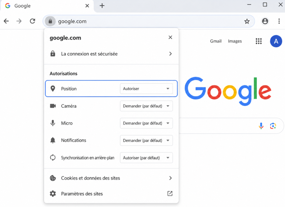 menu déroulant dans la barre d'adresse Chrome