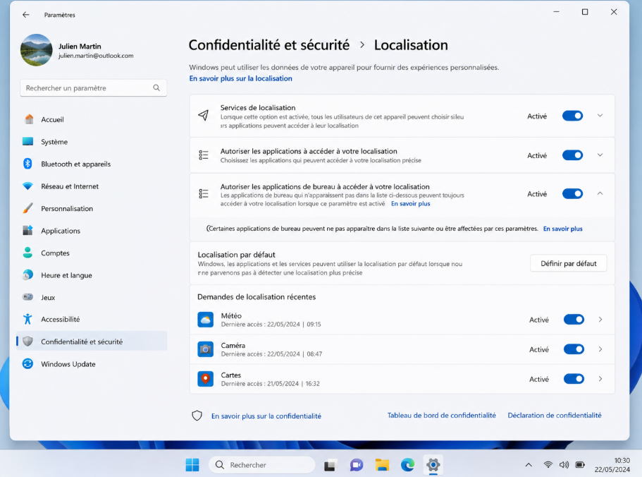 paramètres de confidentialité de Windows 11