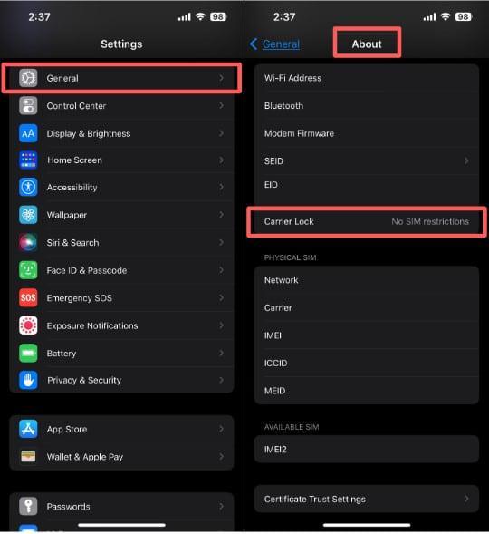 Vérifier Aucune restriction de SIM dans les informations de l’iPhone