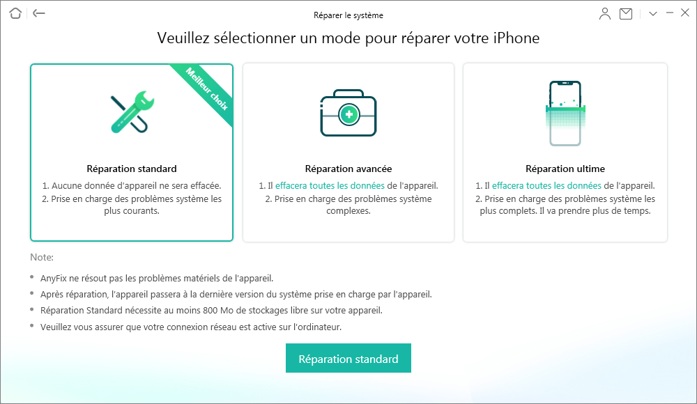 Modes de réparation système iOS AnyFix