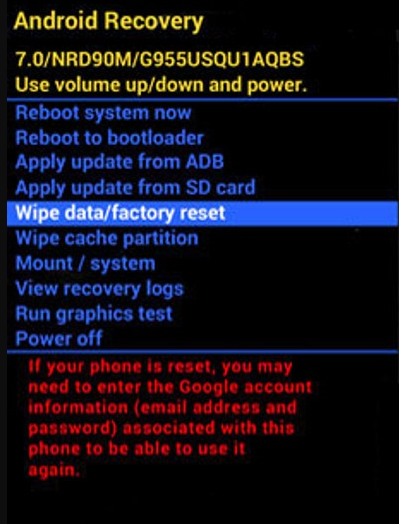 Mode de récupération Nokia avec option Wipe data factory reset