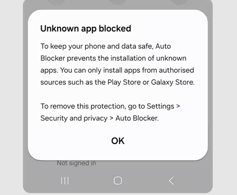 Auto Blocker empêche l’installation d’un APK sur Samsung Galaxy