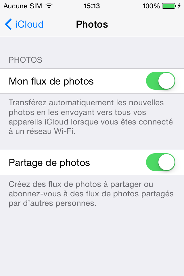 Activer Mon flux de photos pour partager les photos iPod à iPhone