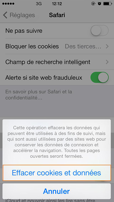 Effacer les cookies et données