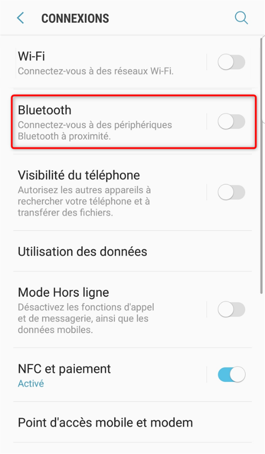 Activation du Bluetooth sur le mobile 