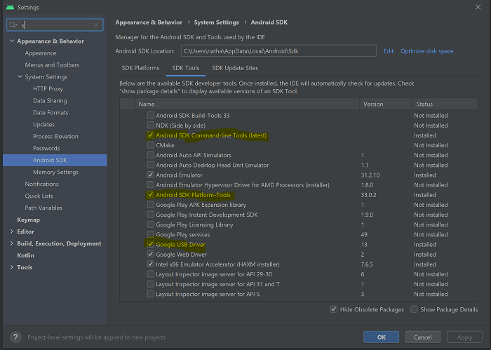 Gestionnaire de SDK Android