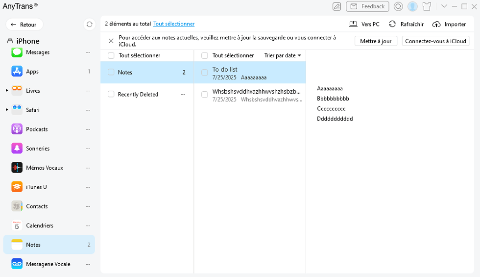Sélectionnez les notes que vous souhaitez transférer