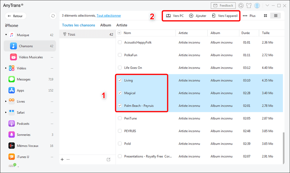 Choisissez les musiques et cliquez sur Vers PC