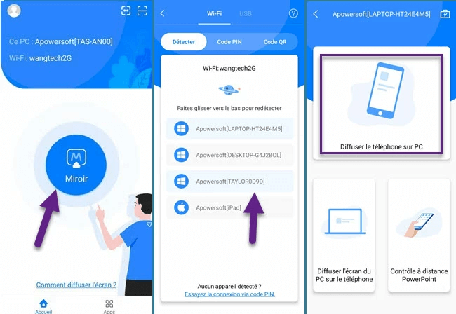 Appuyez sur Diffuser le téléphone sur PC