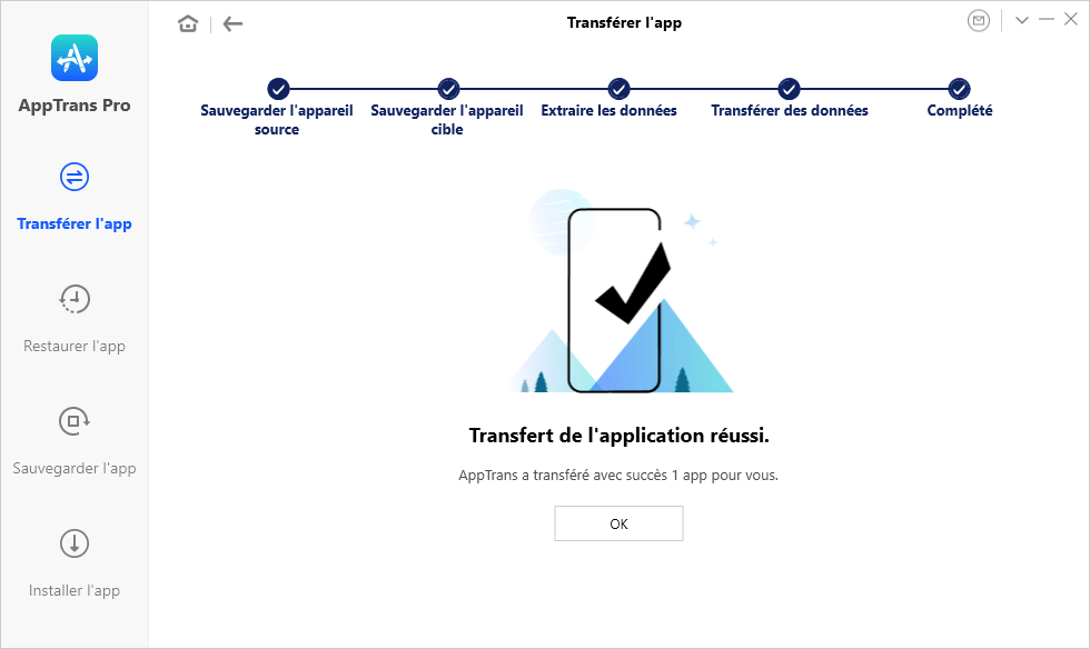 Transfert d'application terminé