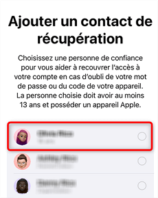 Choisir le contact de récupération