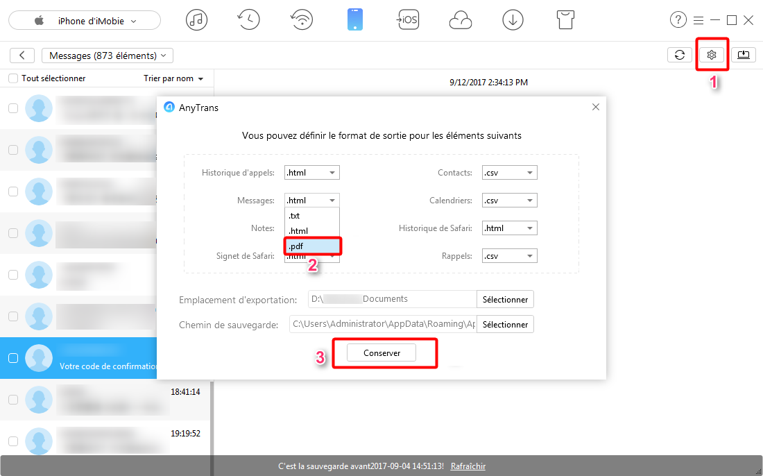 Comment exporter les SMS iPhone en format PDF – étape 3