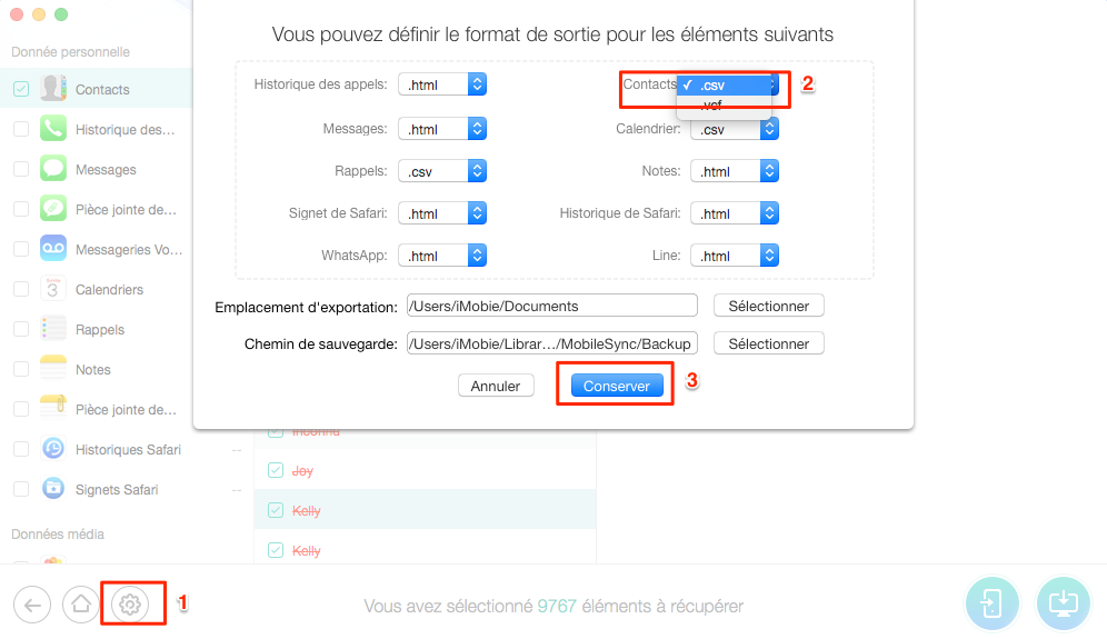 Définir le format de sortie de Contacts