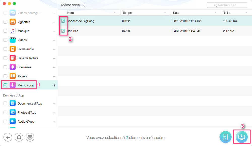 Récupération de mémos vocaux supprimés sur iPhone – étape 3