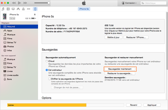 Sauvegarder les données de l'iPhone avec iTunes – méthode 1