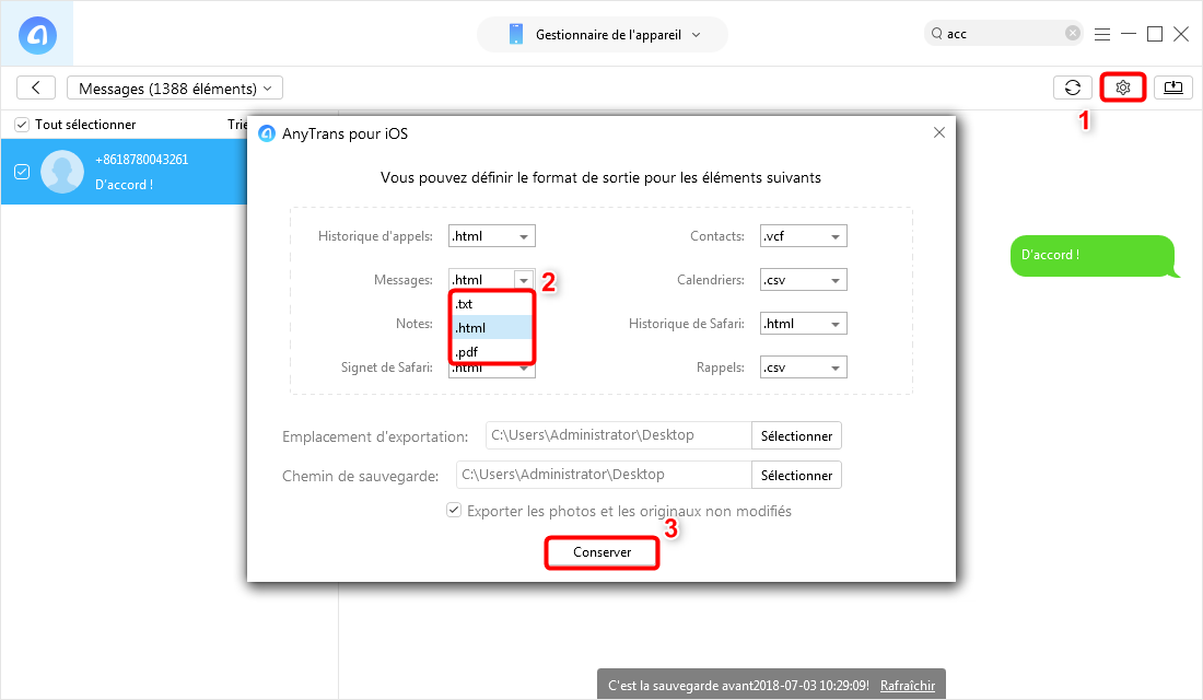 Choisissez le format de sortie de messages