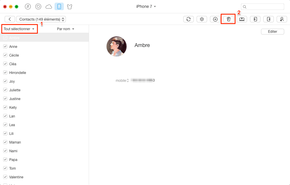 Supprimer les contacts sur iPhone 7 (Plus) – étape 3