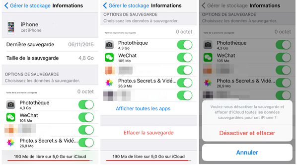 Supprimer les sauvegardes iCloud sur l'appareil iOS – étape 2