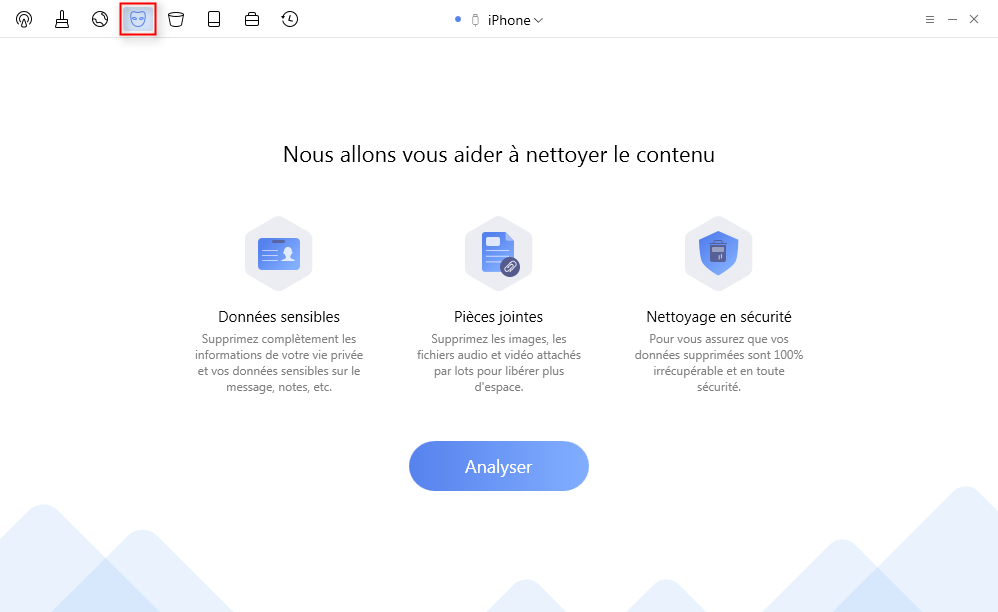Connectez votre iPhone à l'ordinateur et choisissez le Nettoyage de données privées - étape 1