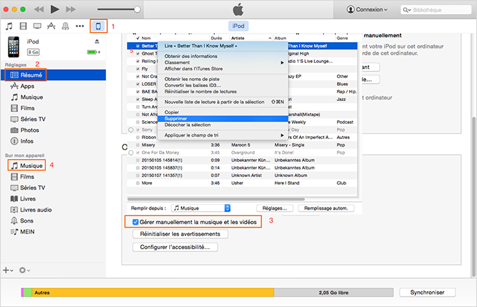 Supprimer des musiques de l'iPod/iPod touch via iTunes – Méthode 1
