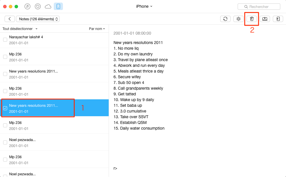 La suppression des notes iPhone – étape 3