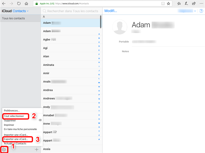 Exportez les contacts sur iCloud