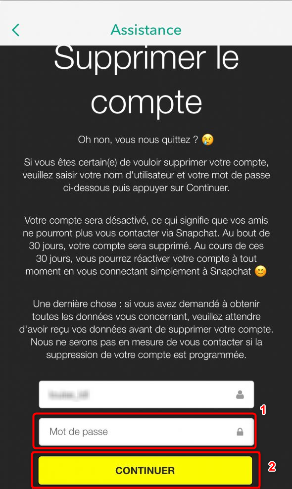 Confirmation de la suppression du compte Snapchat