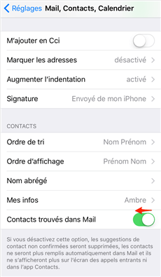 Désactiver Contacts Mail sur iPhone