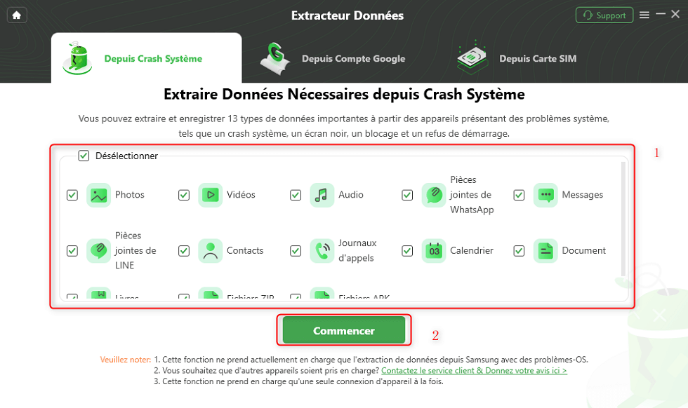 Cochez les données et cliquez sur Commencer