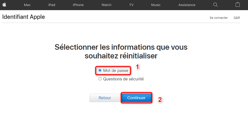 Choix de l’option à réinitialiser