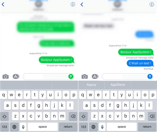 Les iMessages en bleu et les SMS en vert