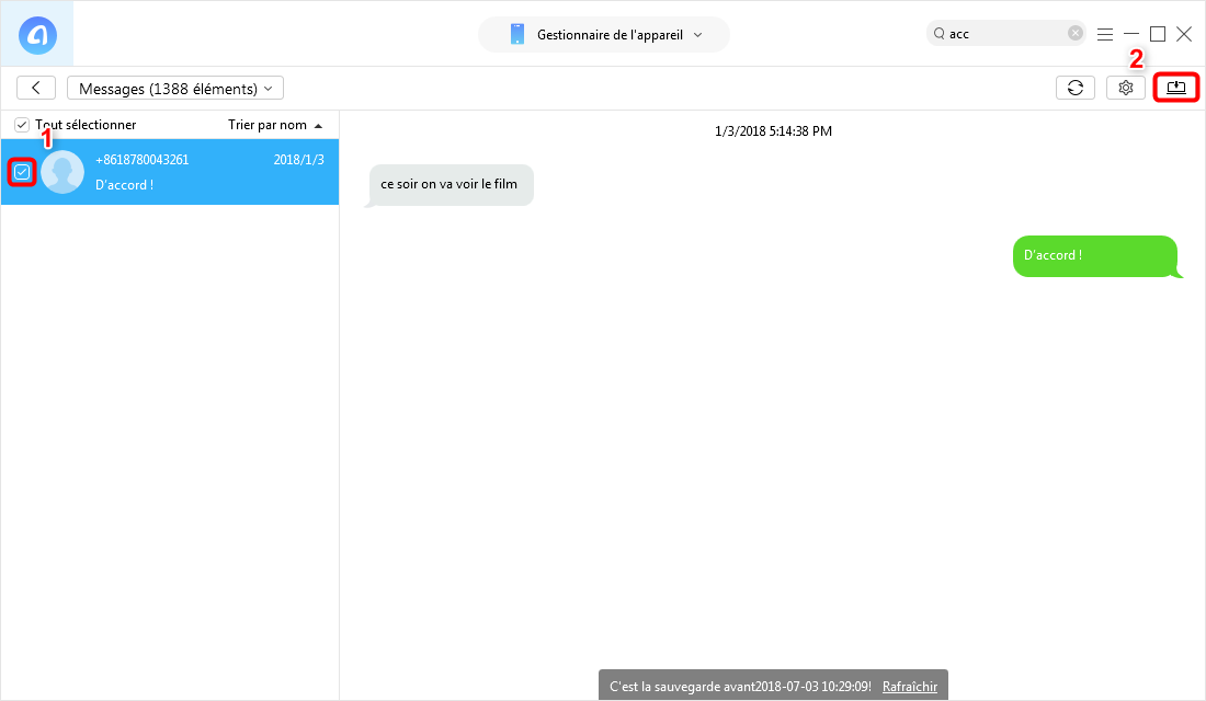 Transférer SMS de l'iPhone vers l'ordinateur – étape 2
